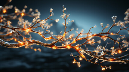 sparkling glowing branch with lights and blurred bokeh, generative AI