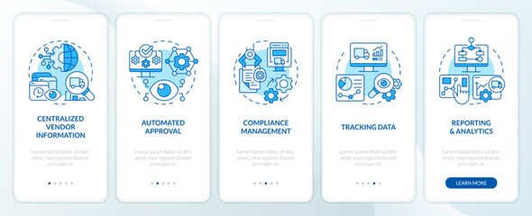 2D icons representing vendor management mobile app screen set. Walkthrough 5 steps blue graphic instructions with thin line icons concept, UI, UX, GUI template.
