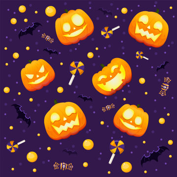 Halloween seamless pattern. Vector background with pumpkin candy bat. wallpaper illustration. Scary holiday horror.halloween pattern print