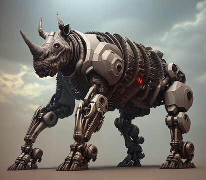 Rhinoceros cyborg. Full body rhino character. Digital illustration. Generative AI.