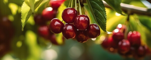 Delicious maroon cherries growing in the garden