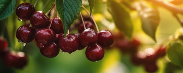 Delicious maroon cherries growing in the garden