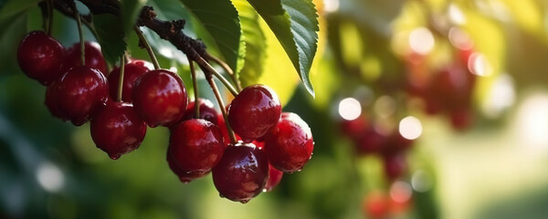 Delicious maroon cherries growing in the garden