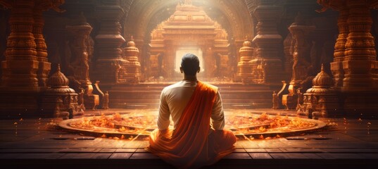 Hindu priest meditates in the temple background. Generative AI technology.