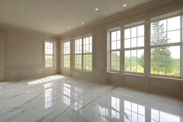 Expansive interior space of opulent marble room with sunlit windows