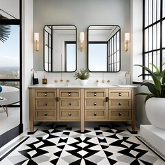 A bathroom with a white oak cabinet, marble countertop, gold faucets, black and white tiled floor, and sconces around black mirrors.AI generated