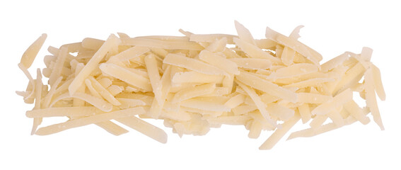 heap of grated cheese parmesan isolated on white background with clipping path, top view of slices cheese, italian food