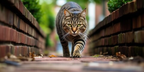 Fototapeta premium AI Generated. AI Generative. One lonely cat pet walking street city urban background. Graphic Art