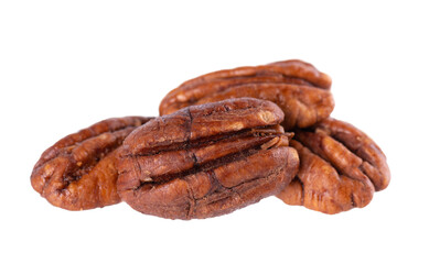 Pecan nuts isolated on white background. Shelled pecan. Clipping path.