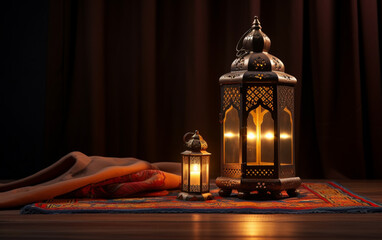 Side view of Ramadan lantern with prayer rug in dark floor, lanterns in isolated background