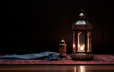 Side view of Ramadan lantern with prayer rug in dark floor, lanterns in isolated background
