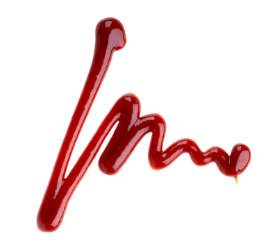 Red ketchup splashes isolated on white background. Drizzle of Barbecue sauce. Top view.