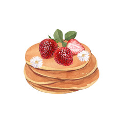 Watercolor dessert, baked stack of tasty pancakes with strawberry and flowers chamomile. Hand-drawn illustration isolated on white background. Perfect food menu, food drawing, design packing, print