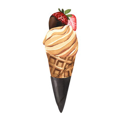 Watercolor dessert, soft ice cream waffle cone with strawberry in chocolate. Hand-drawn illustration isolated on white background. Perfect food menu, design packing, bakery shop, cooking, tea party.