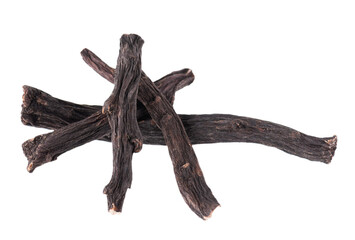 Common comfrey root isolated on white background. Dry roots of Symphytum officinale.