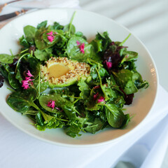 Healthy leaf salad with avocado and petals