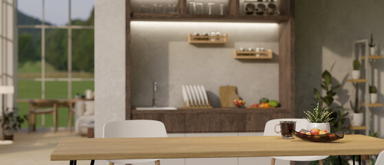 Obraz na płótnie Canvas Copy space for displaying your product on a wooden dining table in a luxury modern kitchen.