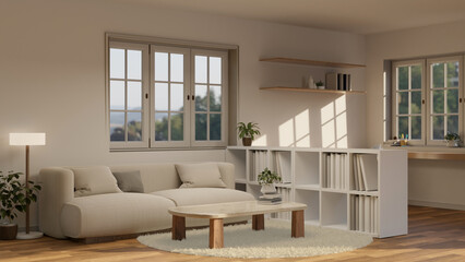 A cozy Scandinavian living room interior with a comfortable beige couch, a coffee table on a carpet