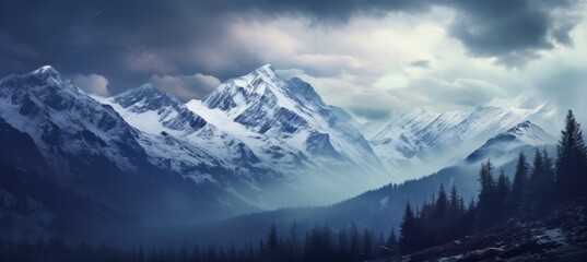 Fototapeta na wymiar Snow mountains forest nature background. Generative AI technology.
