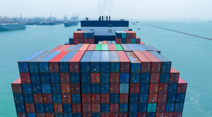 Stern of large cargo container ship import export container box on the ocean sea on blue sky back ground concept transportation logistic and service to customer and supply chang