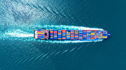 Top view of Cargo container Ship, cargo vessel ship carrying container and running for import export concept technology freight shipping sea freight by Express Ship. - obrazy, fototapety, plakaty