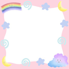 Pastel picture frame with clouds rainbow moon and stars decorated with line doodle isolated on transparent background 