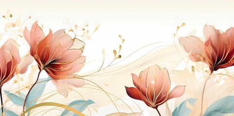 Floral background with watercolor flowers with a leaves a wave movement, Generations AI illustration.