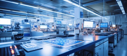Obraz premium Interior of microchip manufacture building. Generative AI technology.