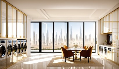 Modern millionaire billionaire mansion/hotel laundry room with Dubai city view. 3D Rendering, 3D Illustration
