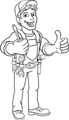Electrician handyman man handy holding electricians screwdriver tool cartoon construction mascot. Giving a thumbs up.