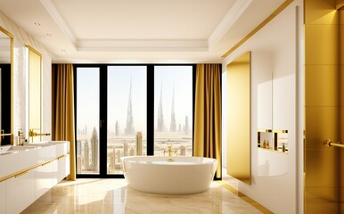 Fototapeta na wymiar Modern millionaire billionaire mansion/hotel bath room with Dubai city view. 3D Rendering, 3D Illustration