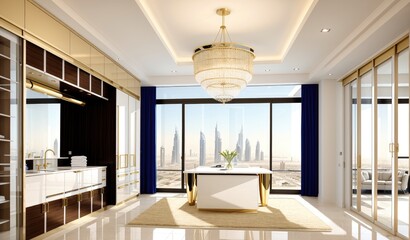 Modern millionaire billionaire mansion laundry room with Dubai city view. 3D Rendering, 3D Illustration