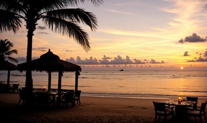 Bar/Restaurant on the tropical beach at sunset