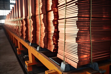 Stacks of cathode copper sheets - obrazy, fototapety, plakaty