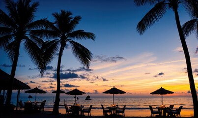 Bar/Restaurant on the tropical beach at sunset