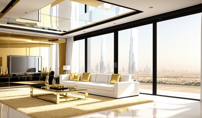 Modern millionaire billionaire mansion living room with Dubai city view. 3D Rendering, 3D Illustration