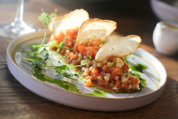 Salmon tartare with avocado and chips