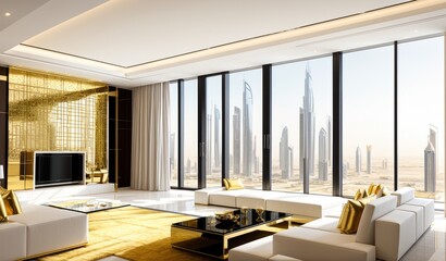 Modern millionaire billionaire mansion living room with Dubai city view. 3D Rendering, 3D Illustration