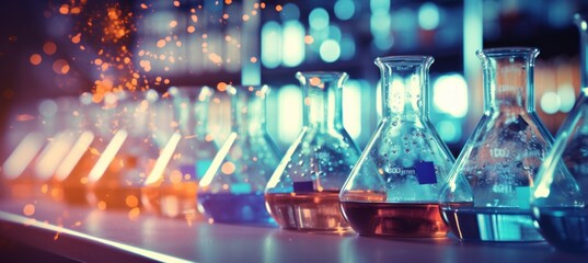 Laboratory research colorful chemical flask glasses. Technology science research concept. Generative AI technology.