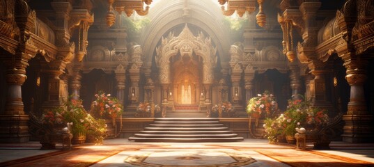 Ancient India grand temple interior background. Generative AI technology.