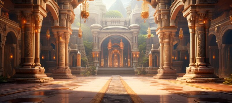 Ancient India grand palace interior background. Generative AI technology.