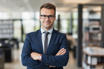 Confident middle aged business man standing in office with hands crossed wearing a blue suit