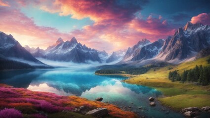 an image of a breathtaking mountain landscape, with towering peaks, serene lakes, and rolling meadows, capturing the grandeur of nature - obrazy, fototapety, plakaty