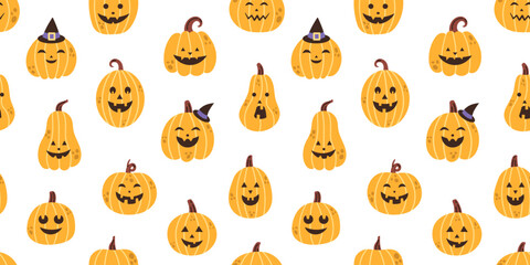 Vector halloween seamless pattern in flat design. Jack o lantern. Halloween pumpkins on white background. Halloween pumpkins carved faces seamless pattern. Scary and spooky pumpkins in witch hats.