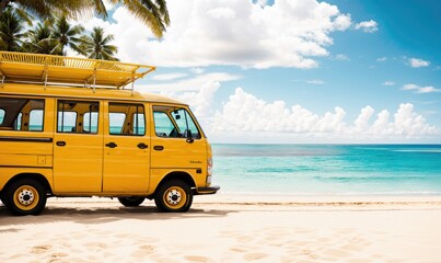 yellow van on the tropical beach, summer vibes background