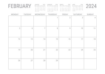 February Calendar 2024 Monthly Planner Printable A4 Monday Start - obrazy, fototapety, plakaty