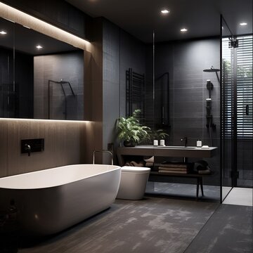 light modern bathroom with dark decor