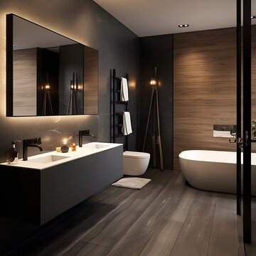 light modern bathroom with dark decor