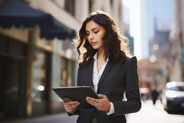 Young business woman standing on big city street outside using digital tablet device 
