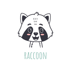 funny raccoon, cartoon style. Flat animal. Doodle illustration of raccoon head for cards, magazins, banners. Vector